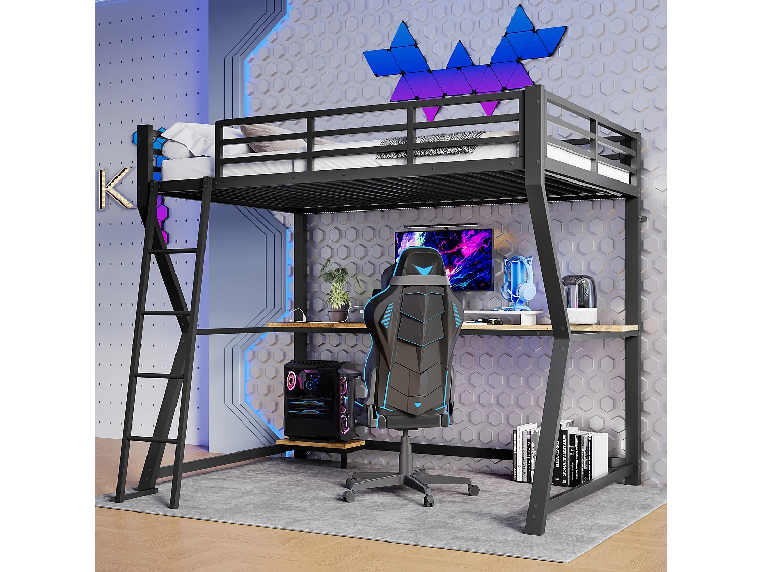 Hoogslaper 90 x 200 cm met bureau, stopcontact + USB-poort en planken - Sfeerverlichting - Metaal - Zwart (matras niet inbegrepen)