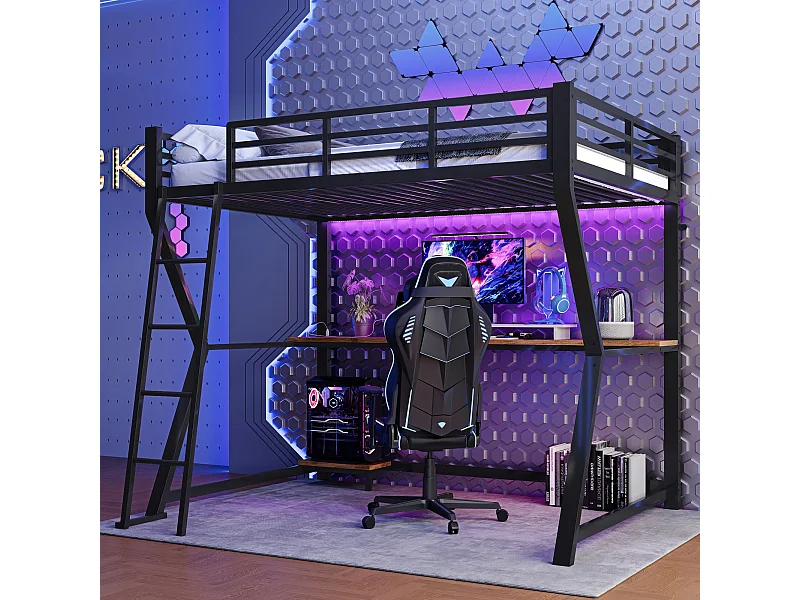 Lit mezzanine 90 x 200 cm avec bureau, prise+USB et étagères - Lumière d'ambiance - Métal - Noir (sans matelas)