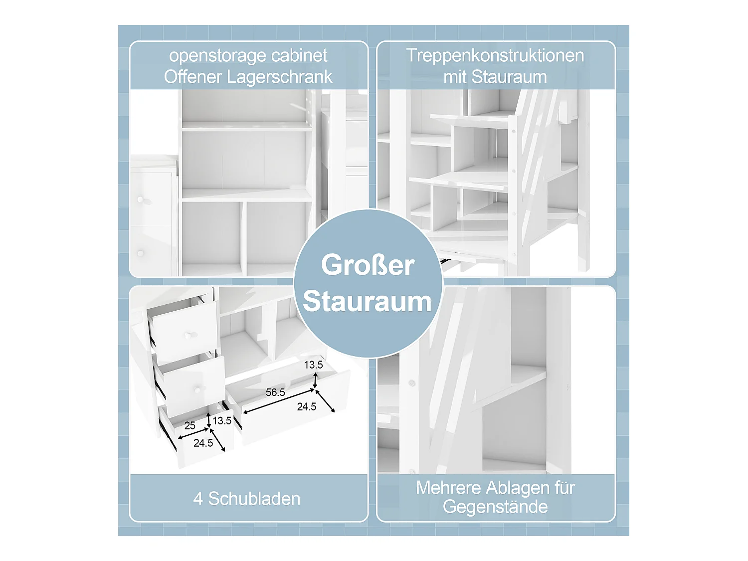 Hochbett 90 x 200 cm mit Schreibtisch, Schubladen und Schrank – Kiefer + MDF – Weiß (ohne Matratze)