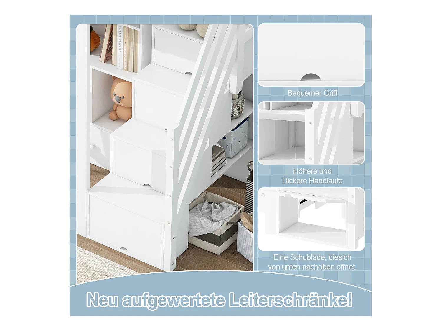 Hochbett 90 x 200 cm mit Schreibtisch, Schubladen und Schrank – Kiefer + MDF – Weiß (ohne Matratze)