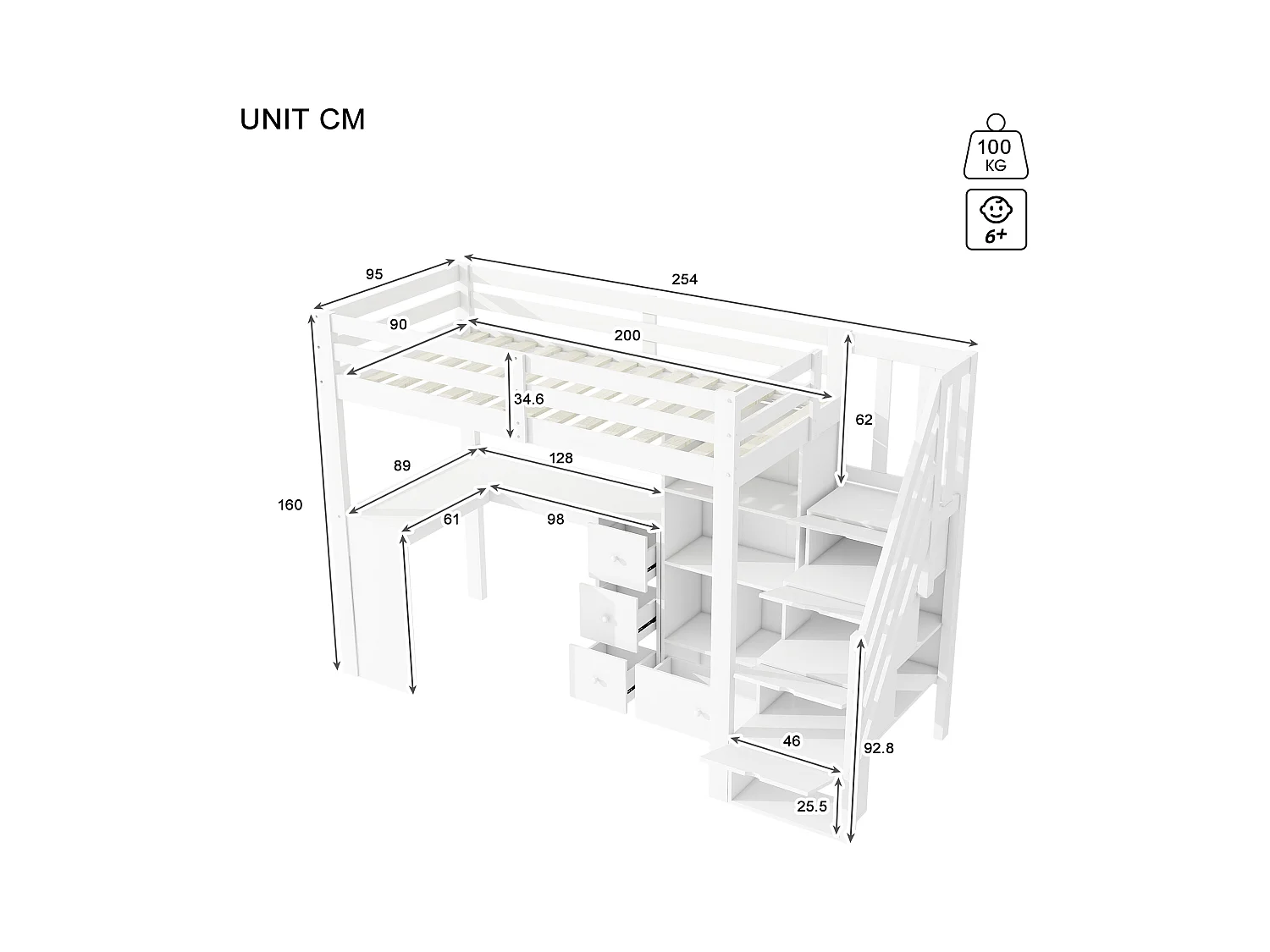 Lit mezzanine 90 x 200 cm avec Bureau, Tiroirs et Placard - Pin + MDF - Blanc (sans matelas)