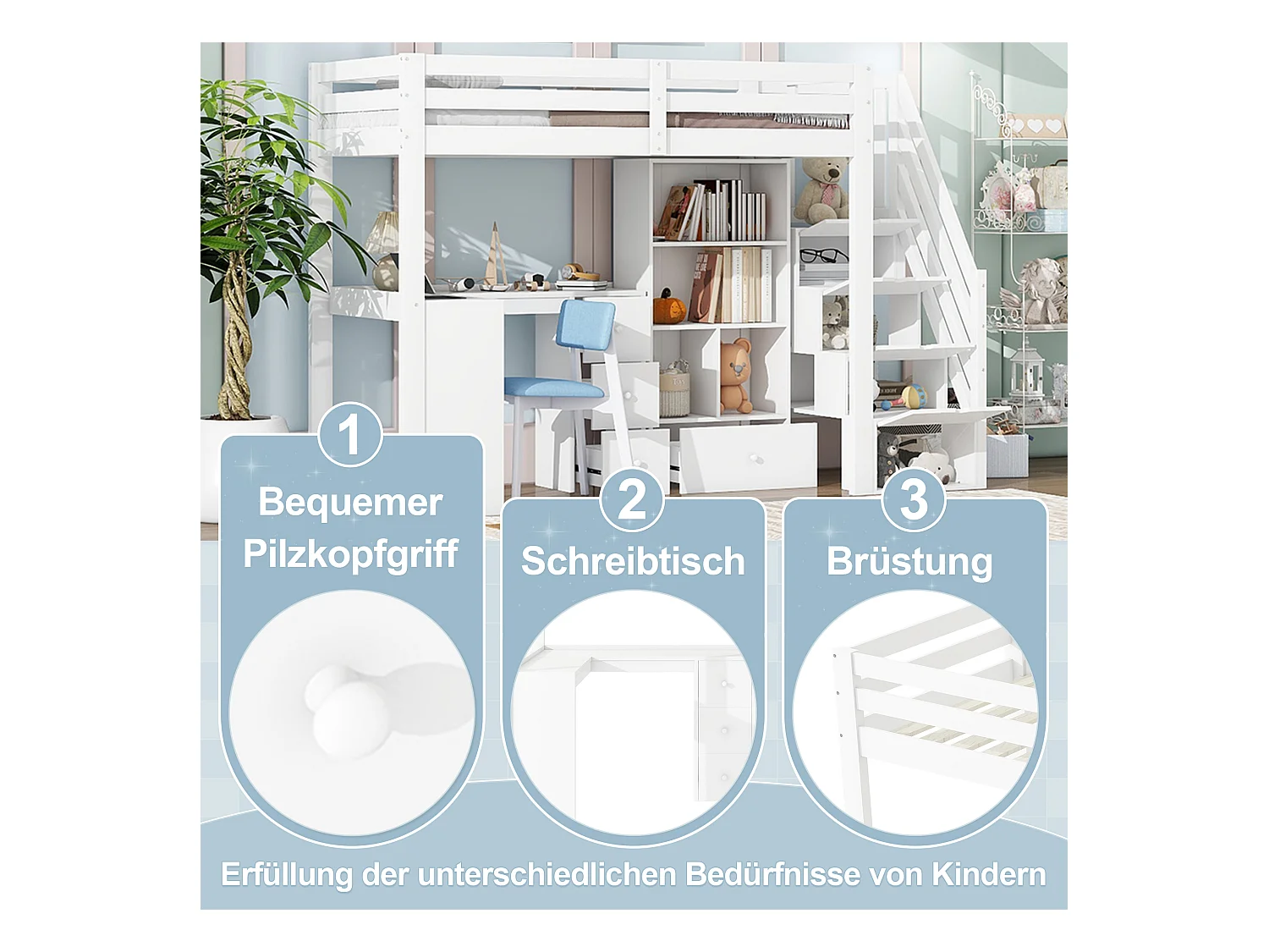 Lit mezzanine 90 x 200 cm avec Bureau, Tiroirs et Placard - Pin + MDF - Blanc (sans matelas)