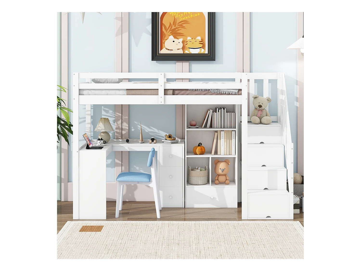 Lit mezzanine 90 x 200 cm avec Bureau, Tiroirs et Placard - Pin + MDF - Blanc (sans matelas)