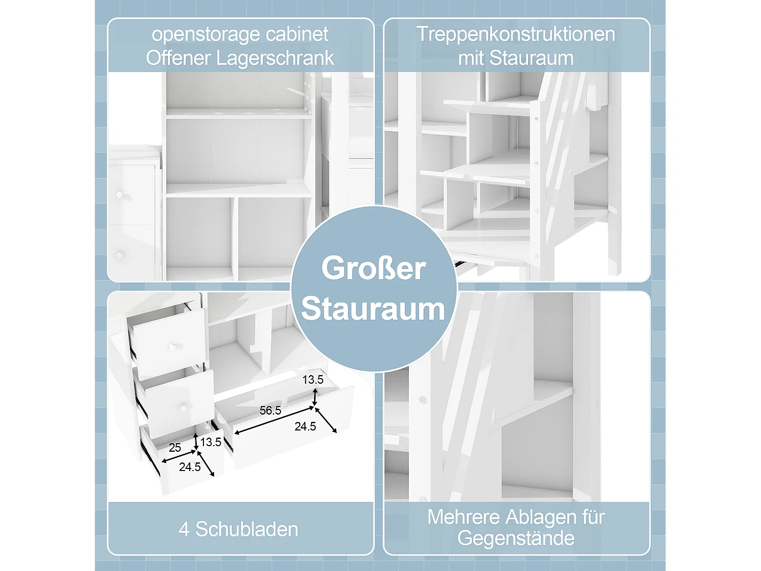 Lit mezzanine 90 x 200 cm avec Bureau, Tiroirs et Placard - Pin + MDF - Blanc (sans matelas)