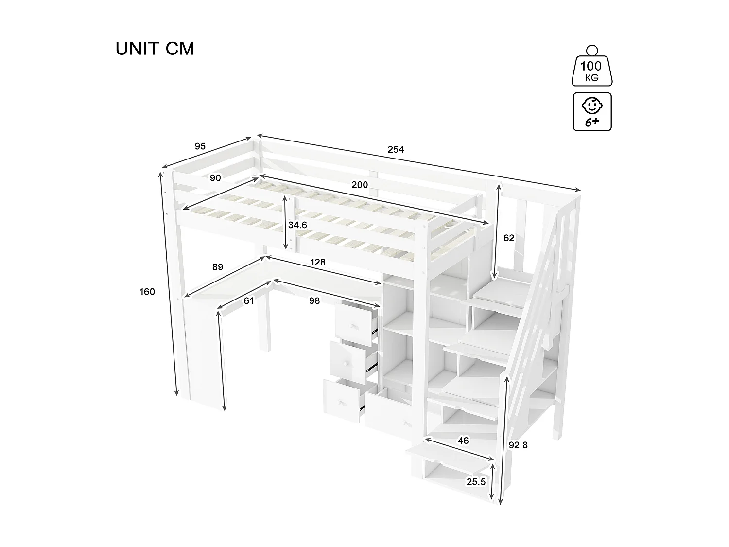 Lit mezzanine 90 x 200 cm avec Bureau, Tiroirs et Placard - Pin + MDF - Blanc (sans matelas)