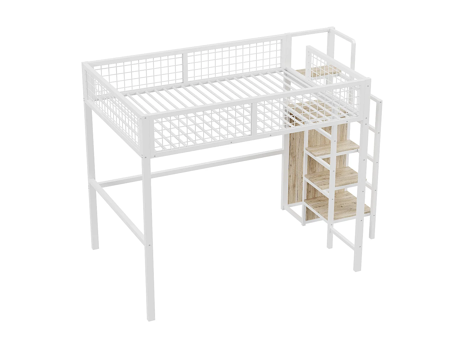 Lit mezzanine 140 x 200 cm avec armoir et échelle - Métal et MDF - pour enfant - Blanc