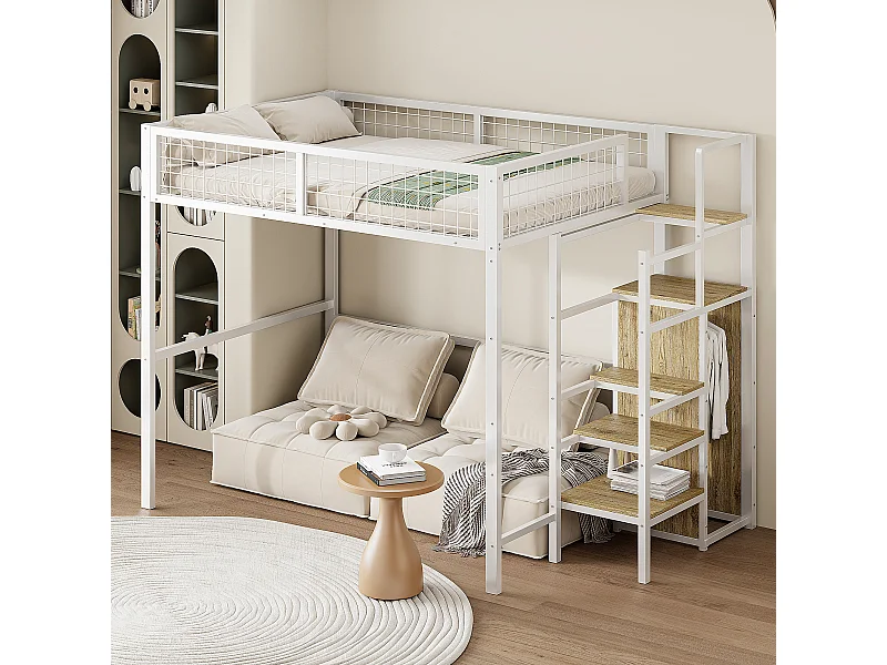 Lit mezzanine 140 x 200 cm avec armoir et échelle - Métal et MDF - pour enfant - Blanc