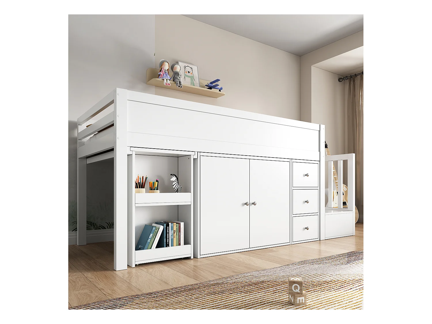 Lit mezzanine 90 x 200 cm avec bureau coulissant, armoire et 3 tiroirs - MDF - Blanc (sans matelas)