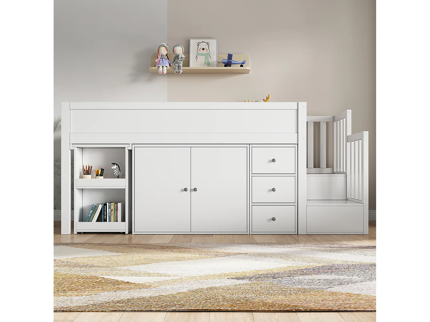 Lit mezzanine 90 x 200 cm avec bureau coulissant, armoire et 3 tiroirs - MDF - Blanc (sans matelas)