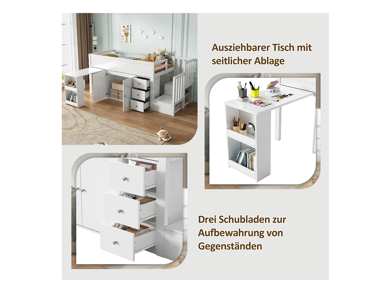 Lit mezzanine 90 x 200 cm avec bureau coulissant, armoire et 3 tiroirs - MDF - Blanc (sans matelas)