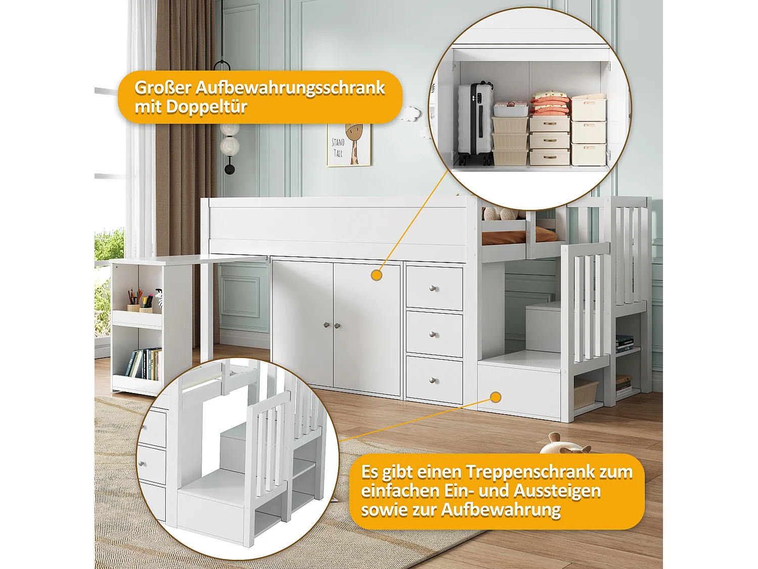 Lit mezzanine 90 x 200 cm avec bureau coulissant, armoire et 3 tiroirs - MDF - Blanc (sans matelas)