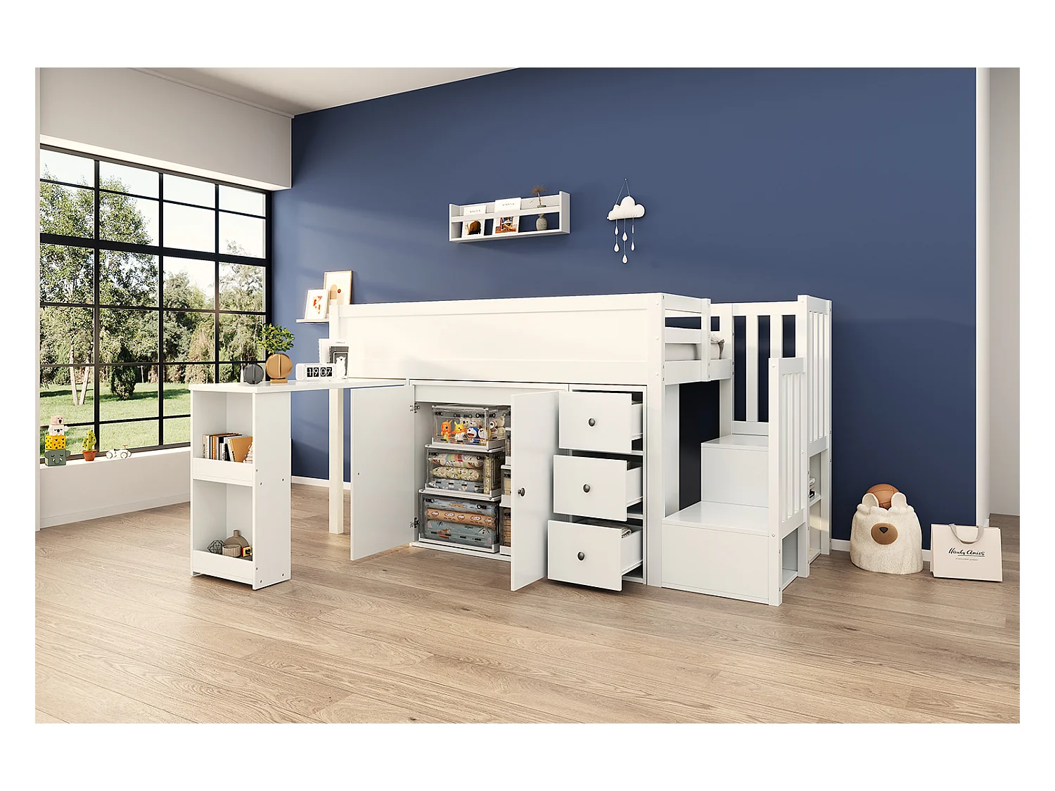 Lit mezzanine 90 x 200 cm avec bureau coulissant, armoire et 3 tiroirs - MDF - Blanc (sans matelas)