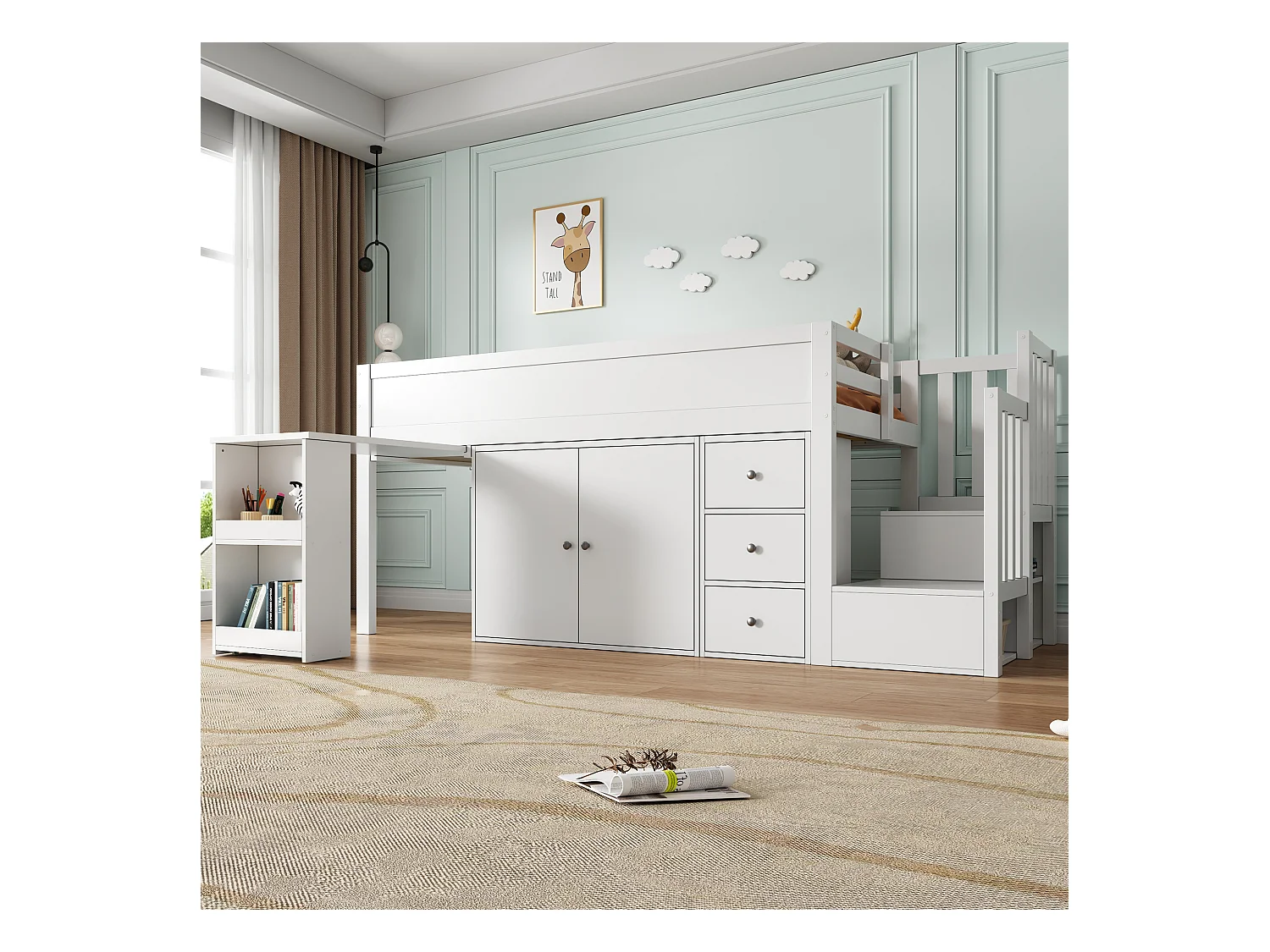 Lit mezzanine 90 x 200 cm avec bureau coulissant, armoire et 3 tiroirs - MDF - Blanc (sans matelas)