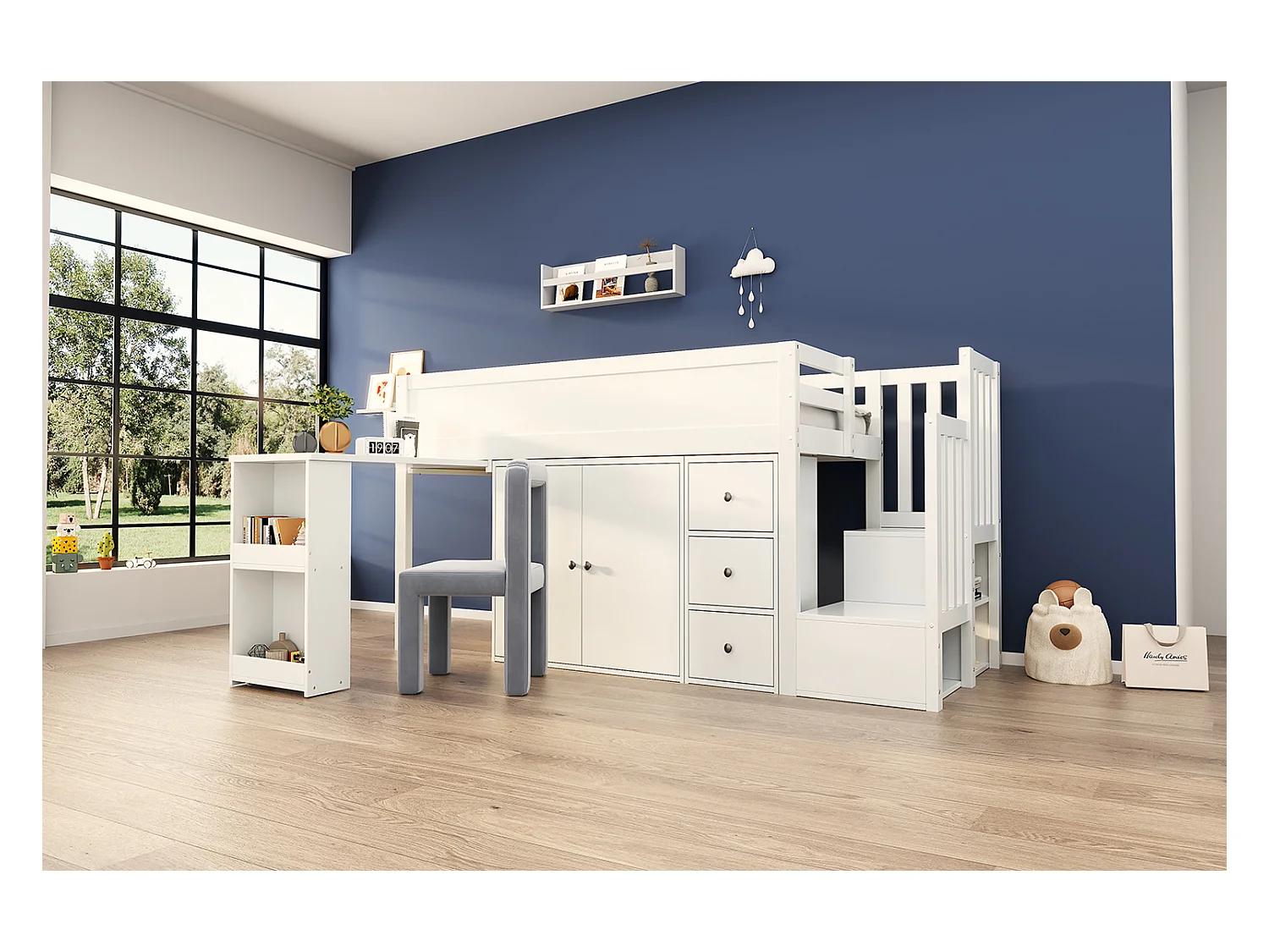 Lit mezzanine 90 x 200 cm avec bureau coulissant, armoire et 3 tiroirs - MDF - Blanc (sans matelas)