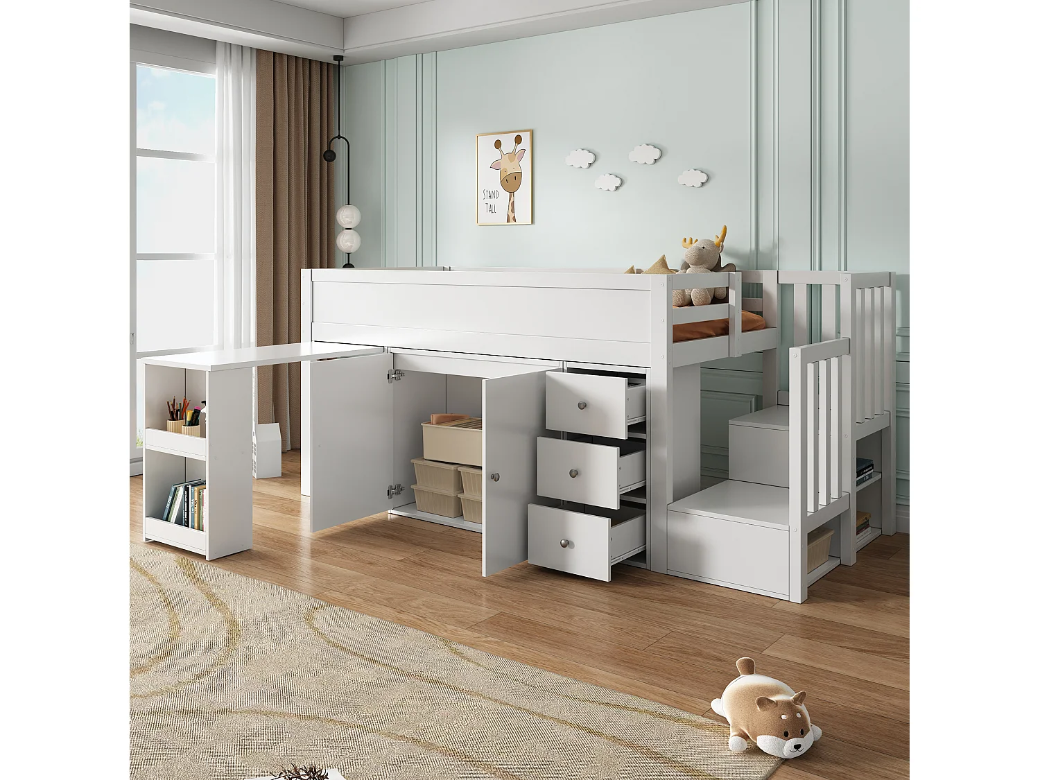 Hochbett 90 x 200 cm mit ausziehbarem Schreibtisch, Kleiderschrank und 3 Schubladen - MDF - Weiß (ohne Matratze)