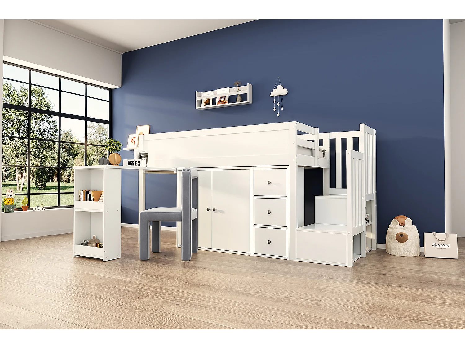 Hochbett 90 x 200 cm mit ausziehbarem Schreibtisch, Kleiderschrank und 3 Schubladen - MDF - Weiß (ohne Matratze)