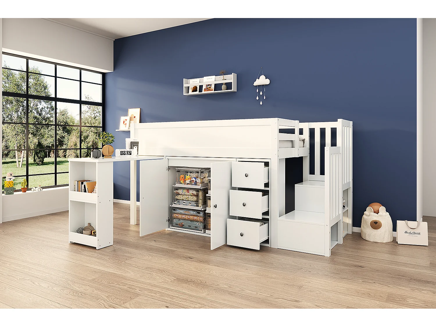 Hochbett 90 x 200 cm mit ausziehbarem Schreibtisch, Kleiderschrank und 3 Schubladen - MDF - Weiß (ohne Matratze)