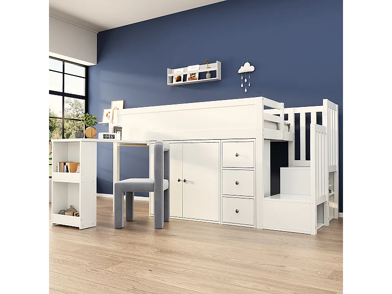 Hochbett 90 x 200 cm mit ausziehbarem Schreibtisch, Kleiderschrank und 3 Schubladen - MDF - Weiß (ohne Matratze)