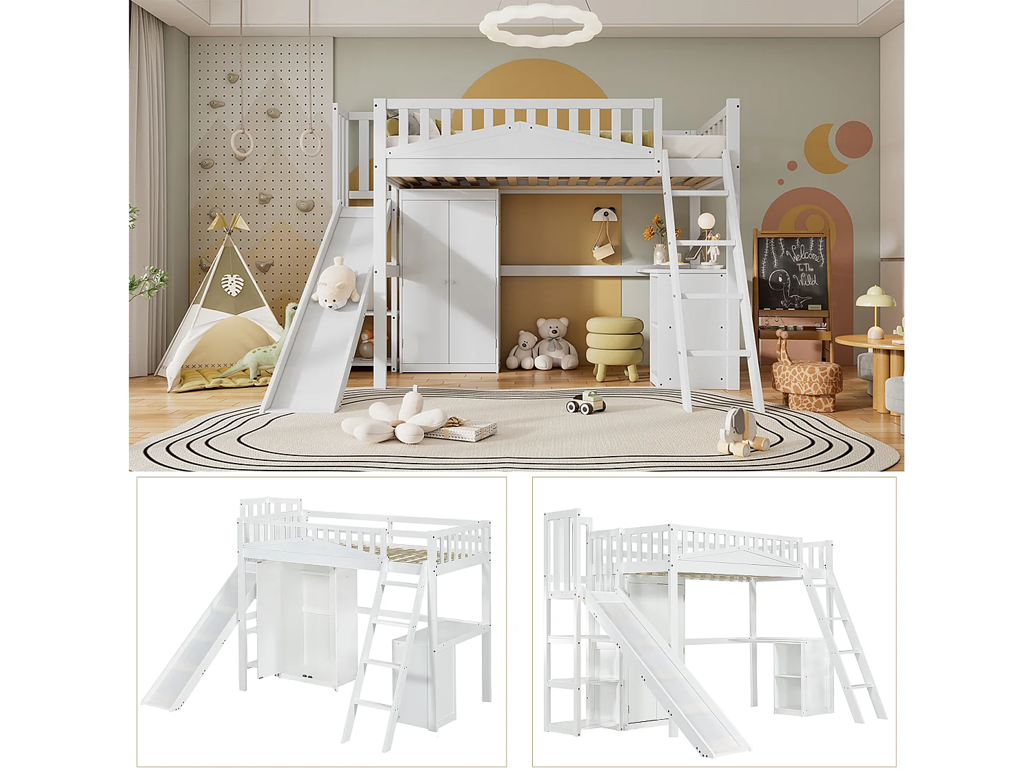 Lit mezzanine 90 x 200 cm avec toboggan, armoire et bureau - Pin+MDF+contreplaqué - Sommier à lattes - Blanc