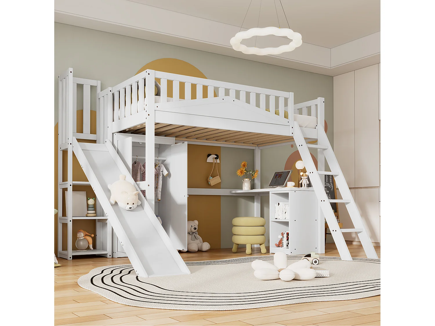 Letto a soppalco 90 x 200 cm con scivolo, armadio e scrivania - Pino + MDF + compensato - Rete a doghe - Bianco