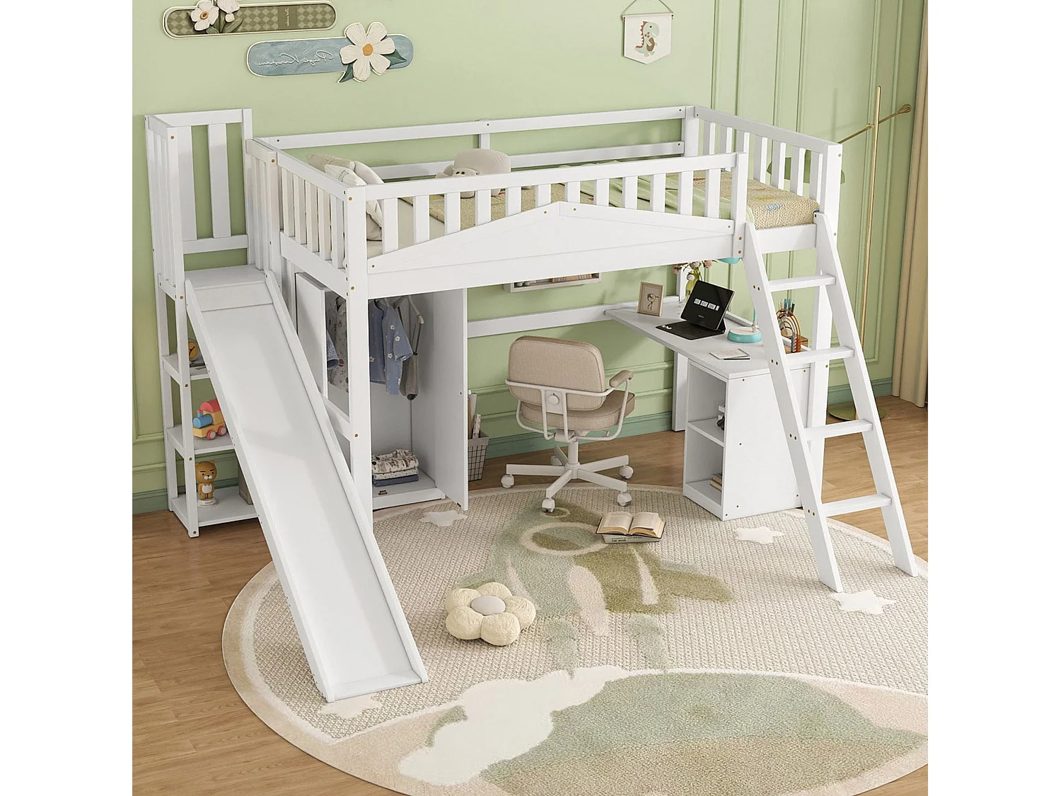 Letto a soppalco 90 x 200 cm con scivolo, armadio e scrivania - Pino + MDF + compensato - Rete a doghe - Bianco