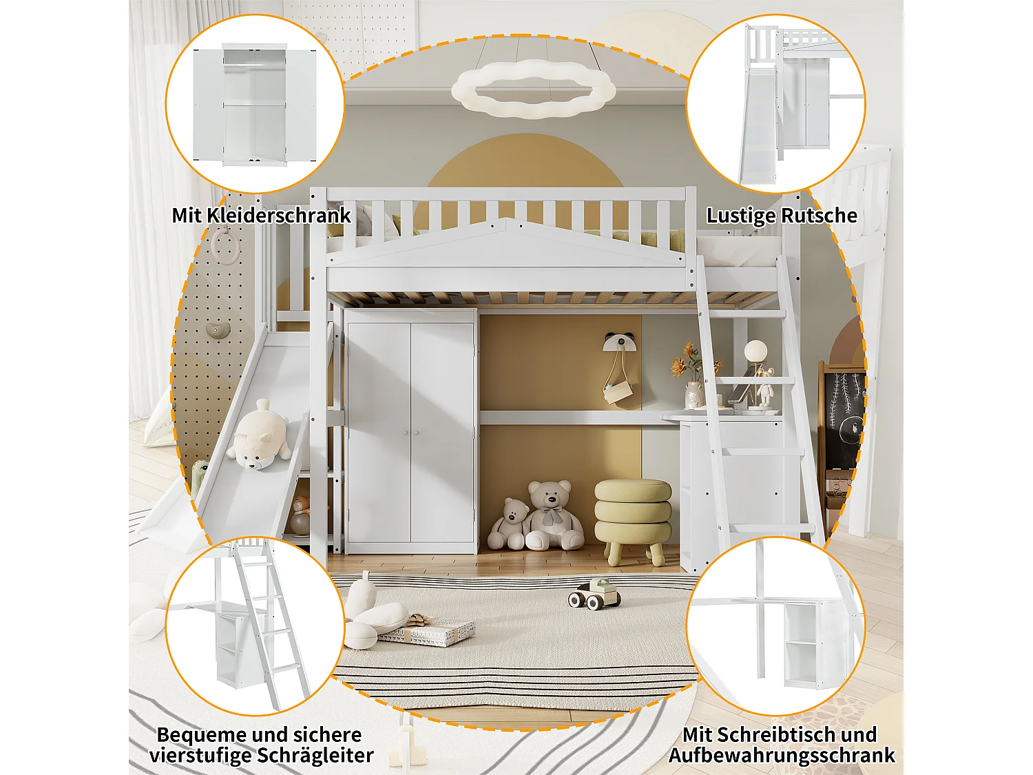 Letto a soppalco 90 x 200 cm con scivolo, armadio e scrivania - Pino + MDF + compensato - Rete a doghe - Bianco