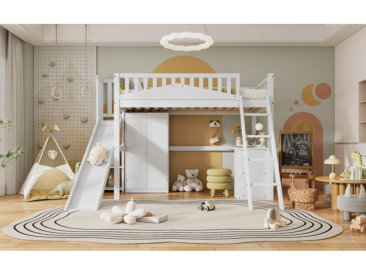 Letto a soppalco 90 x 200 cm con scivolo, armadio e scrivania - Pino + MDF + compensato - Rete a doghe - Bianco