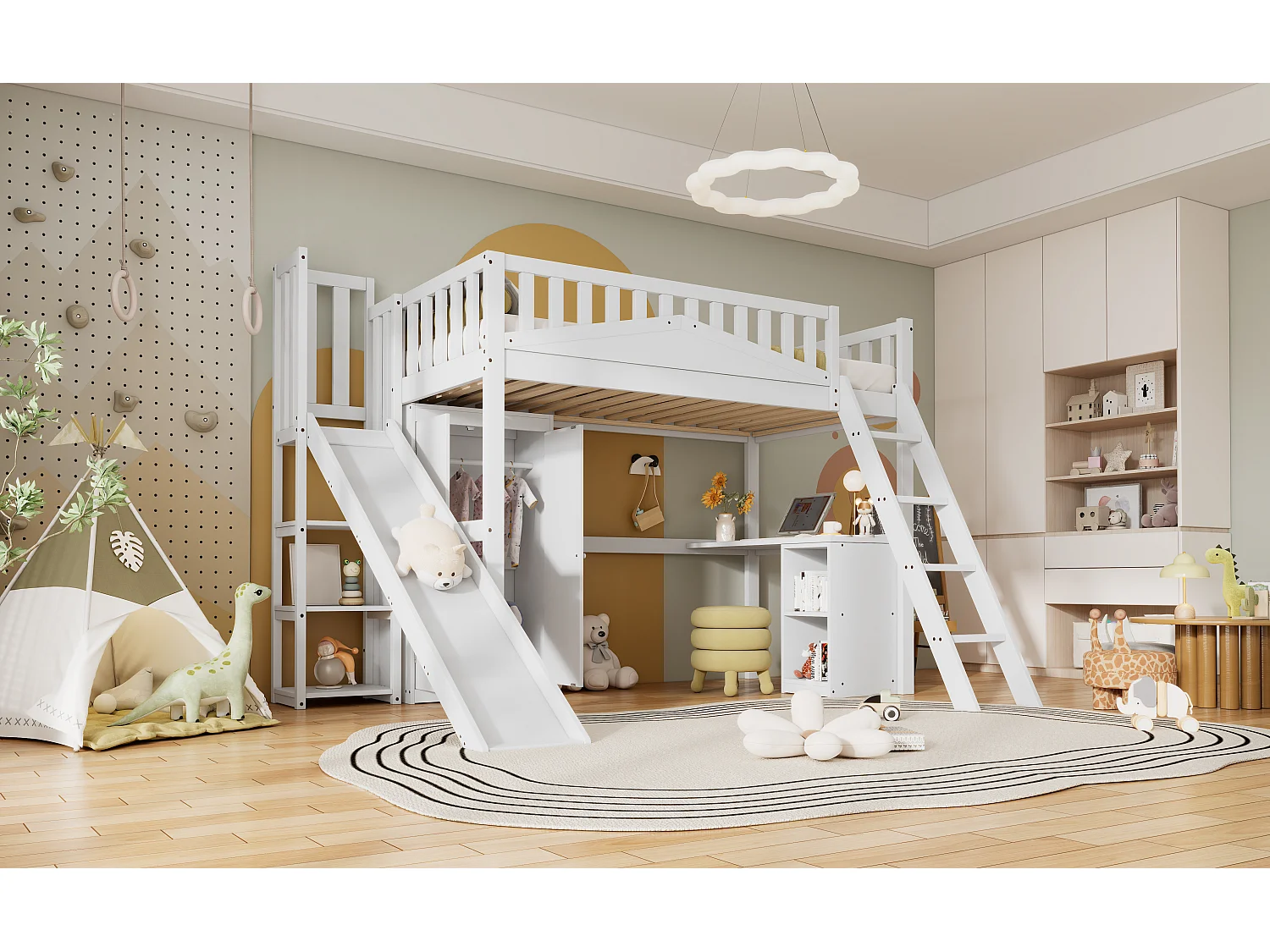 Letto a soppalco 90 x 200 cm con scivolo, armadio e scrivania - Pino + MDF + compensato - Rete a doghe - Bianco