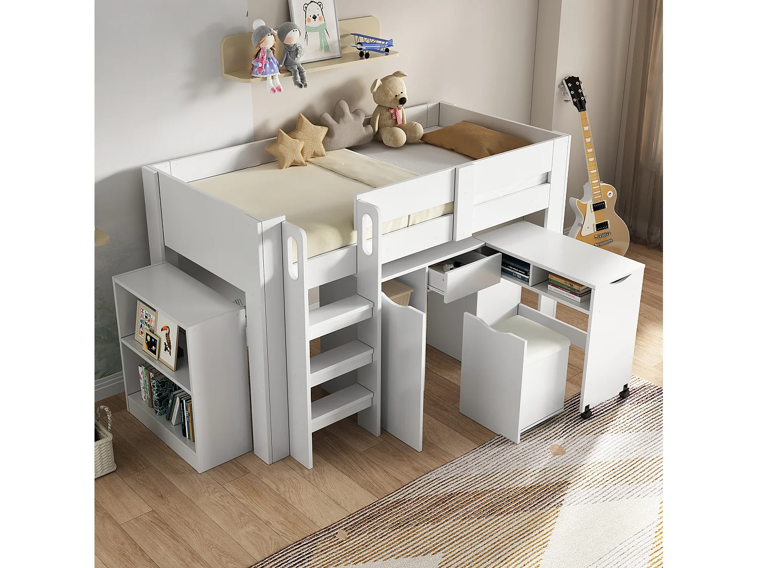 Hoogslaper 90 x 200 cm met uitschuifbaar bureau, kledingkast en kruk - MDF hout - Wit (zonder matras)