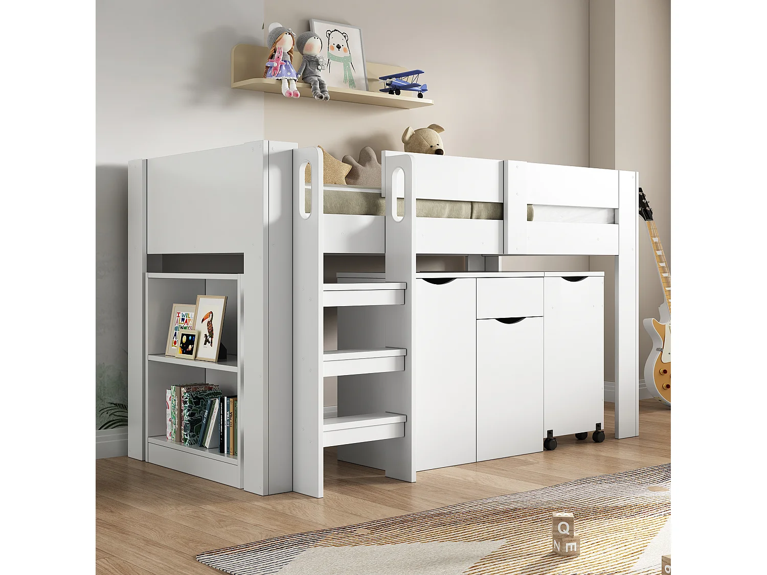 Hoogslaper 90 x 200 cm met uitschuifbaar bureau, kledingkast en kruk - MDF hout - Wit (zonder matras)