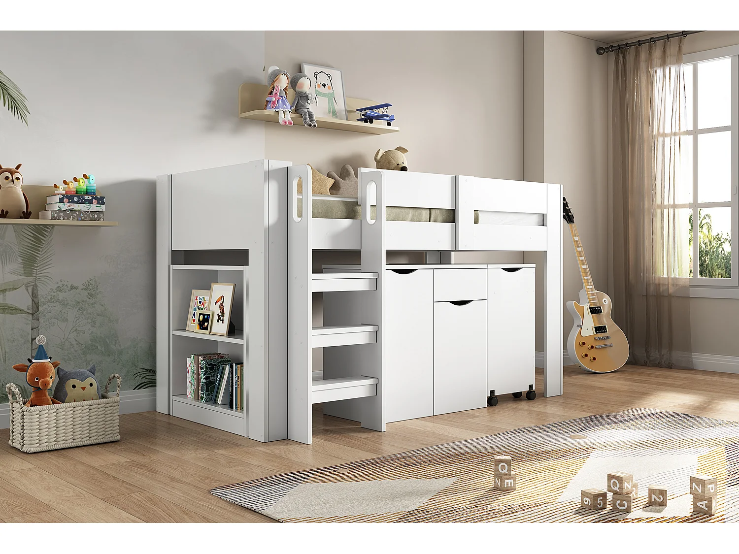 Hoogslaper 90 x 200 cm met uitschuifbaar bureau, kledingkast en kruk - MDF hout - Wit (zonder matras)