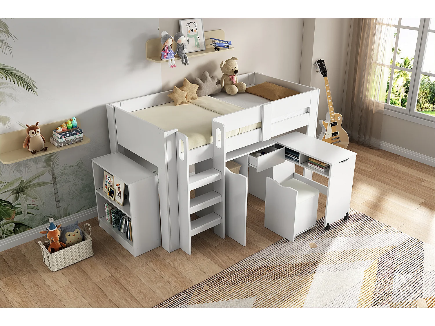 Hoogslaper 90 x 200 cm met uitschuifbaar bureau, kledingkast en kruk - MDF hout - Wit (zonder matras)