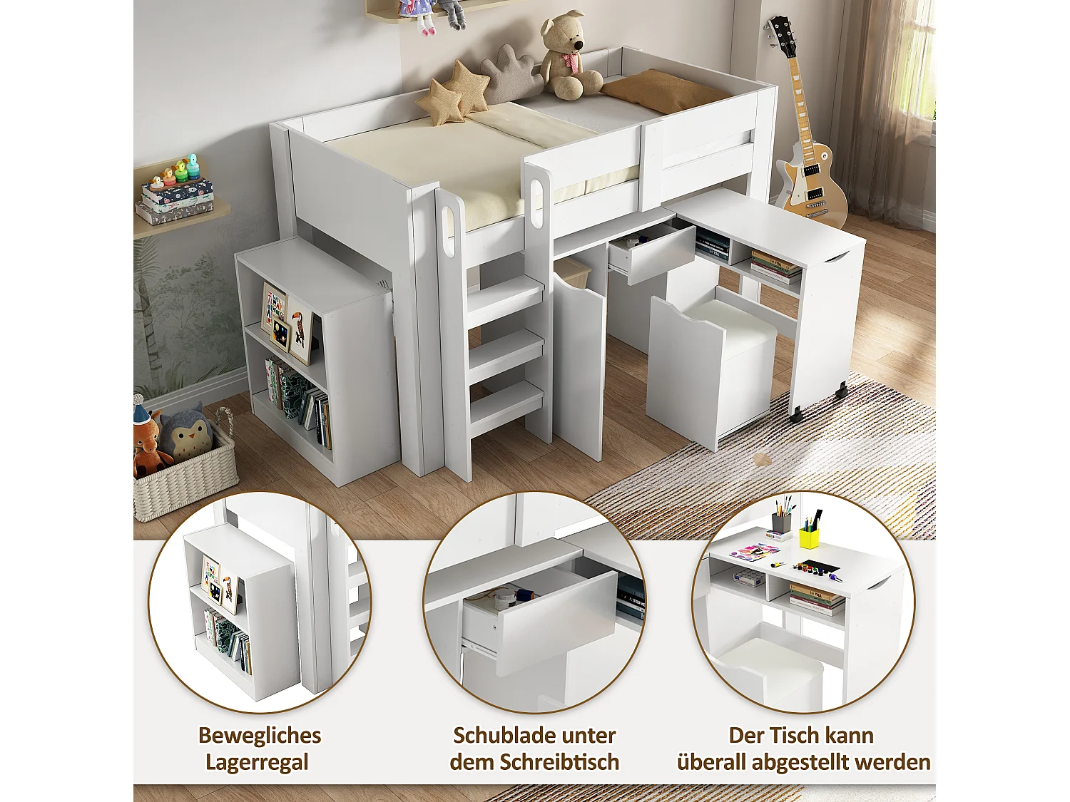 Hoogslaper 90 x 200 cm met uitschuifbaar bureau, kledingkast en kruk - MDF hout - Wit (zonder matras)