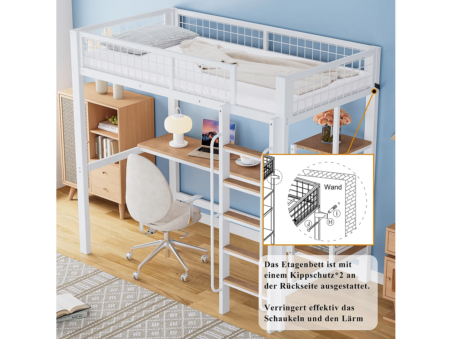 Lit mezzanine 90 x 200 cm avec bureau et étagères - Métal + MDF - Blanc + naturel (sans matelas)