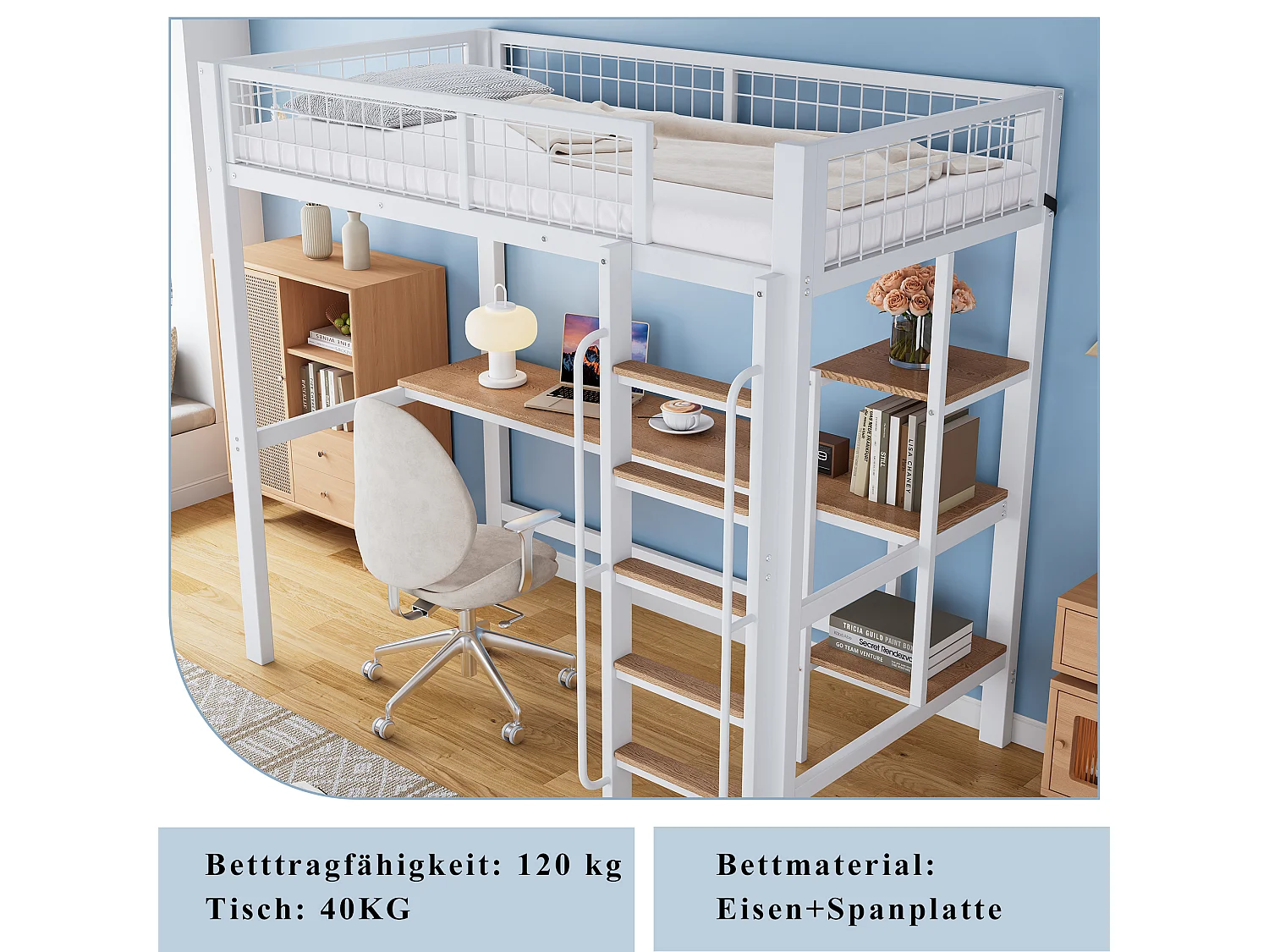 Lit mezzanine 90 x 200 cm avec bureau et étagères - Métal + MDF - Blanc + naturel (sans matelas)