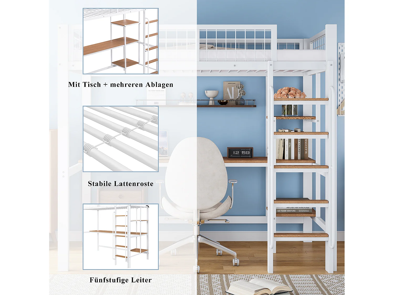 Lit mezzanine 90 x 200 cm avec bureau et étagères - Métal + MDF - Blanc + naturel (sans matelas)