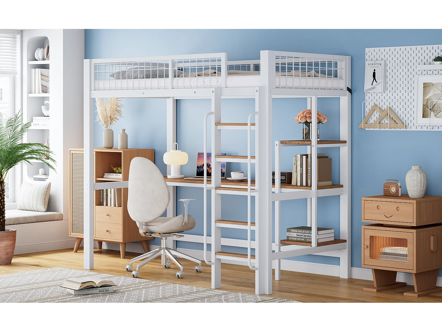 Lit mezzanine 90 x 200 cm avec bureau et étagères - Métal + MDF - Blanc + naturel (sans matelas)