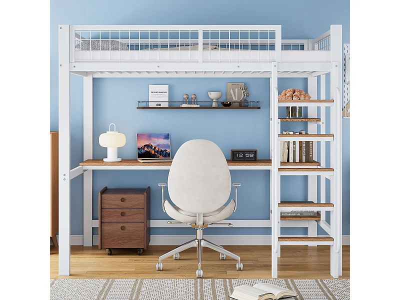 Hochbett 90 x 200 cm mit Schreibtisch und Regalen - Metall + MDF - Weiß + Natur (ohne Matratze)