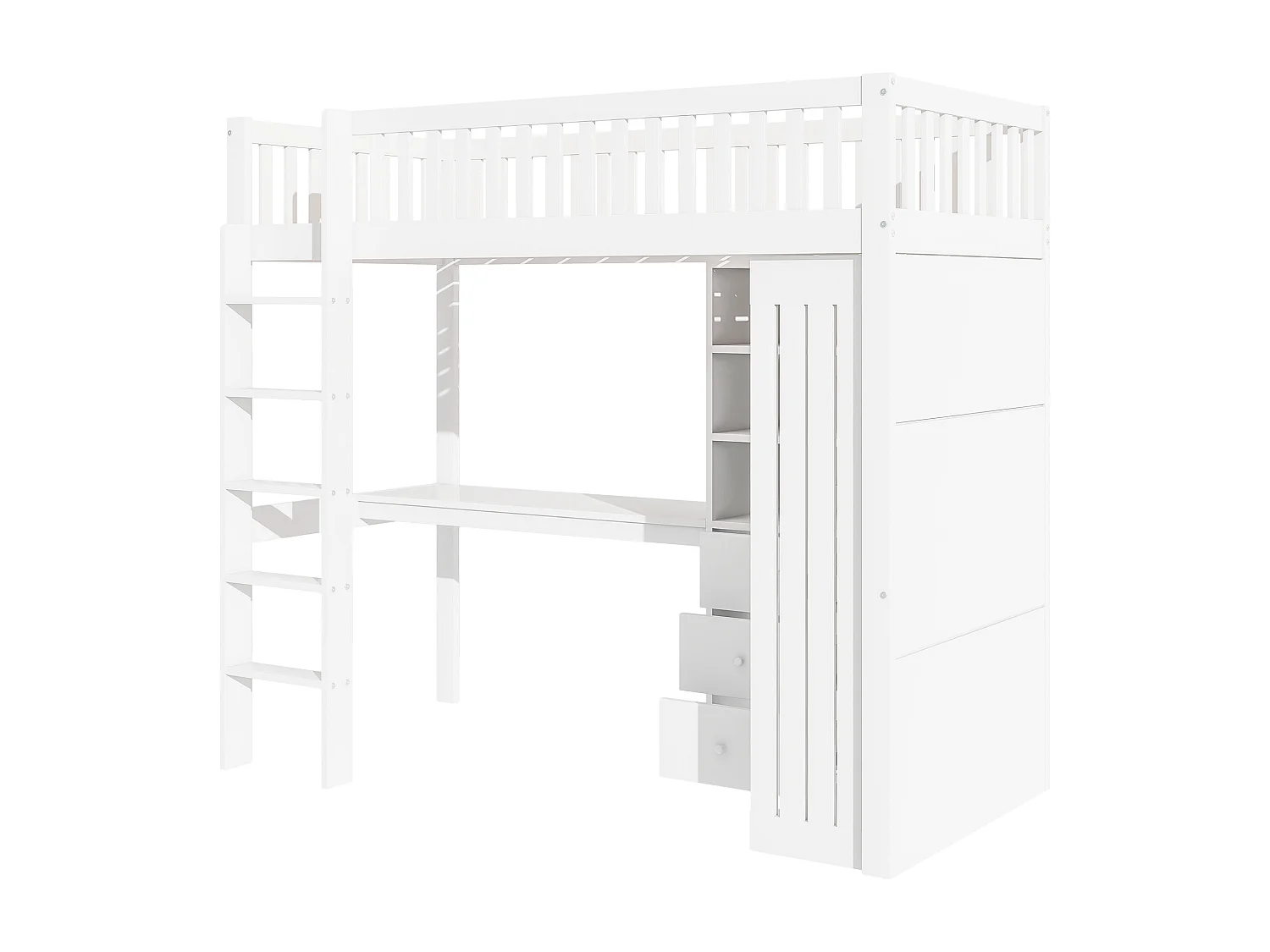 Lit mezzanine 90 x 200 cm avec bureau, armoire et 3 tiroirs - Pin + MDF - Blanc (sans matelas)