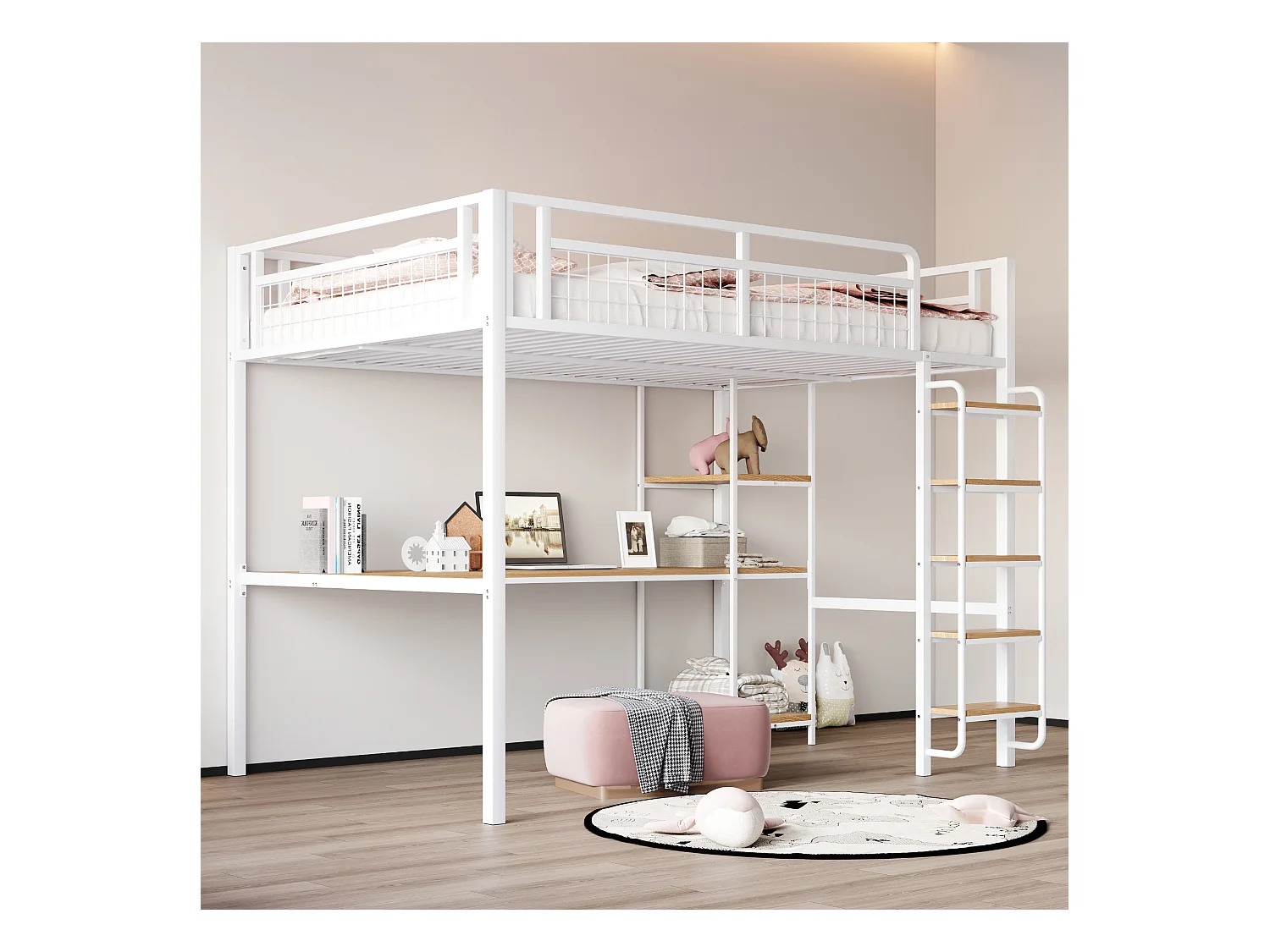 Hochbett 140 x 200 cm mit Schreibtisch und Ablageflächen - Metall und MDF - für Kinder - Weiß