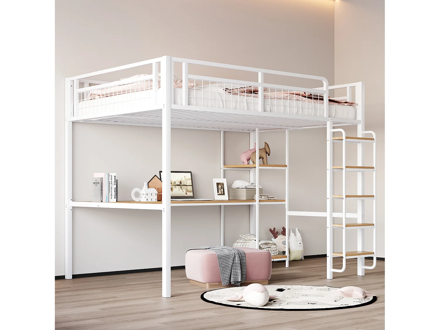 Lit mezzanine 140 x 200 cm avec bureau étagères de rangement - Métal et MDF - pour enfant - Blanc