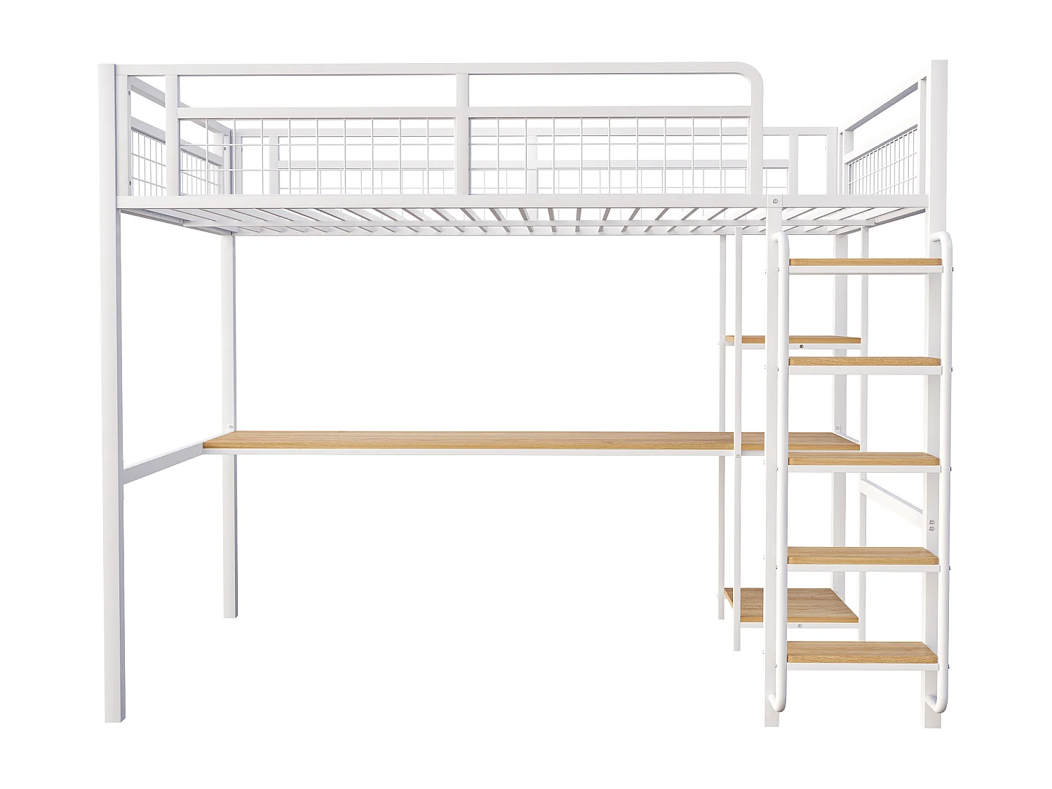 Lit mezzanine 140 x 200 cm avec bureau étagères de rangement - Métal et MDF - pour enfant - Blanc