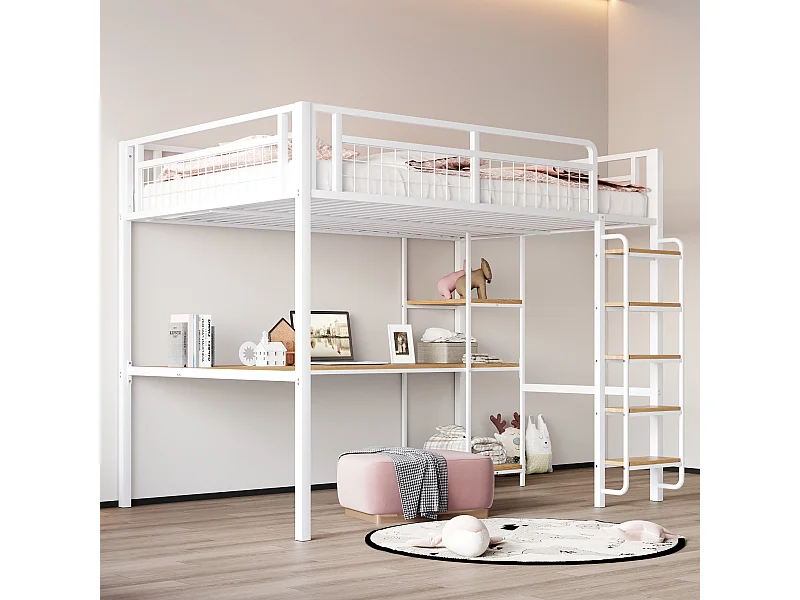 Lit mezzanine 140 x 200 cm avec bureau étagères de rangement - Métal et MDF - pour enfant - Blanc