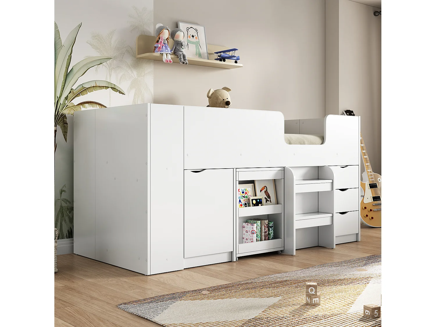 Letto a soppalco 90 x 200 cm con scrivania scorrevole, 3 cassetti e 1 anta - Legno MDF - Bianco (senza materasso)