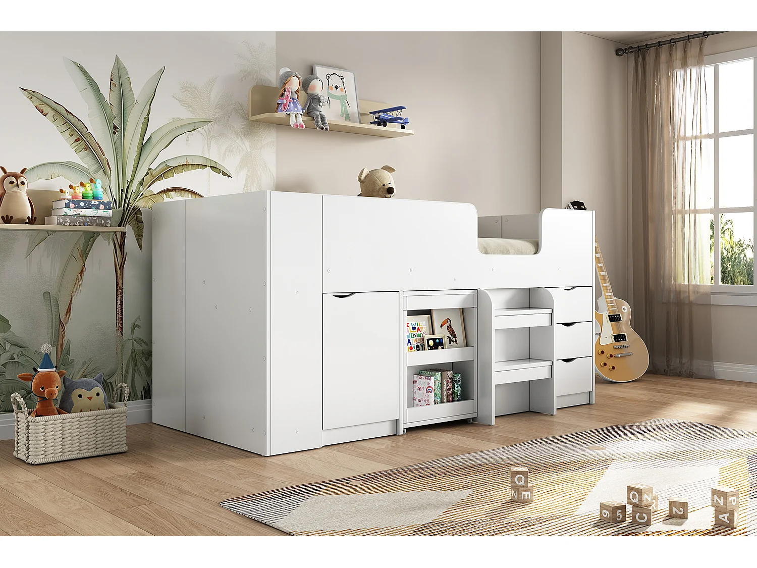 Letto a soppalco 90 x 200 cm con scrivania scorrevole, 3 cassetti e 1 anta - Legno MDF - Bianco (senza materasso)