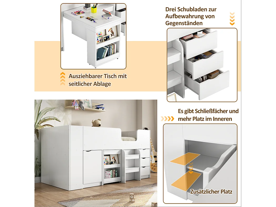 Letto a soppalco 90 x 200 cm con scrivania scorrevole, 3 cassetti e 1 anta - Legno MDF - Bianco (senza materasso)