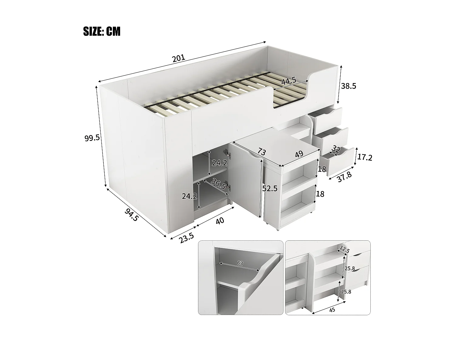 Letto a soppalco 90 x 200 cm con scrivania scorrevole, 3 cassetti e 1 anta - Legno MDF - Bianco (senza materasso)