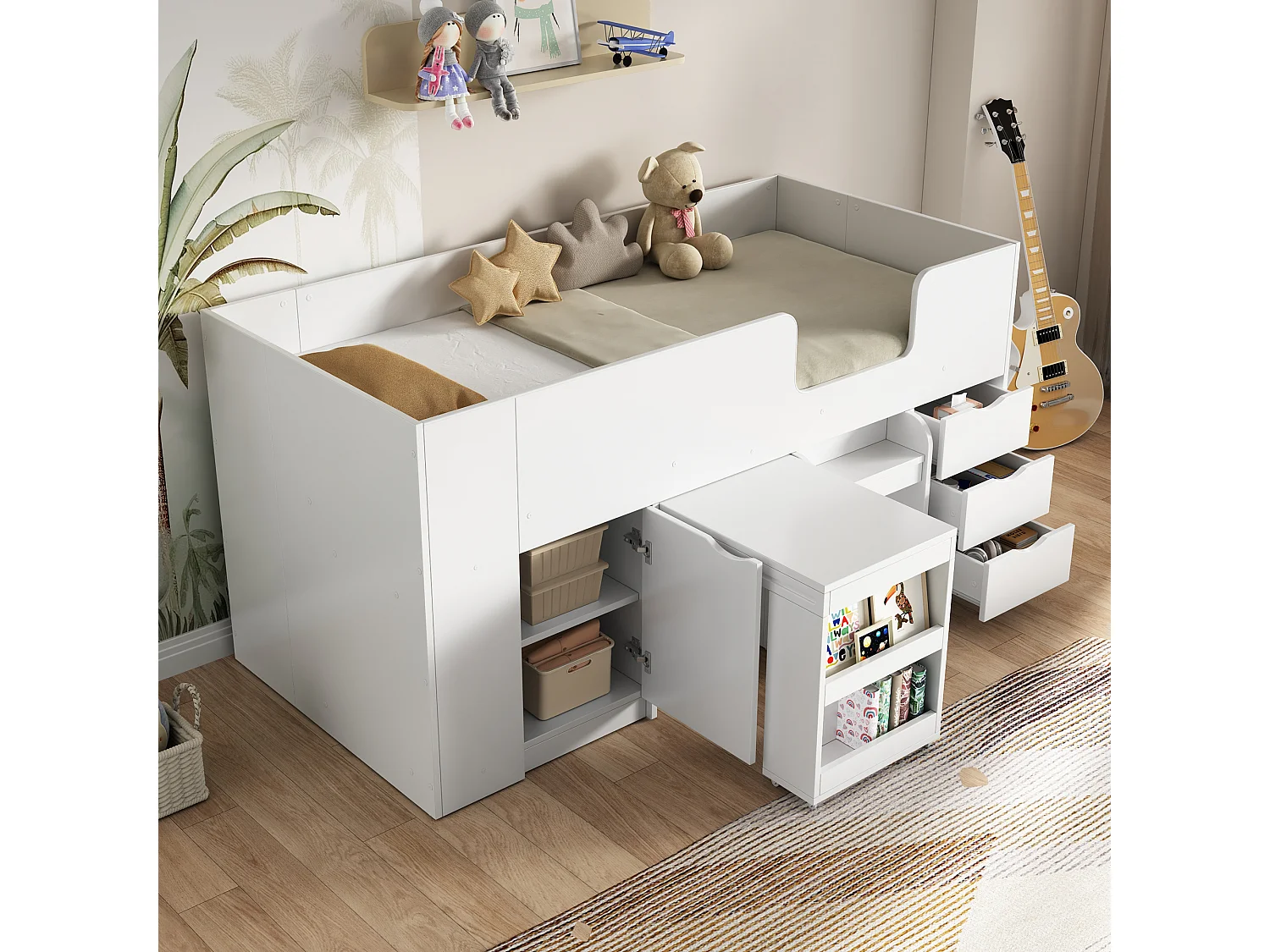 Łóżko antresola 90 x 200 cm z przesuwanym biurkiem, 3 szufladami i 1 drzwiami - drewno MDF - białe (bez materaca)