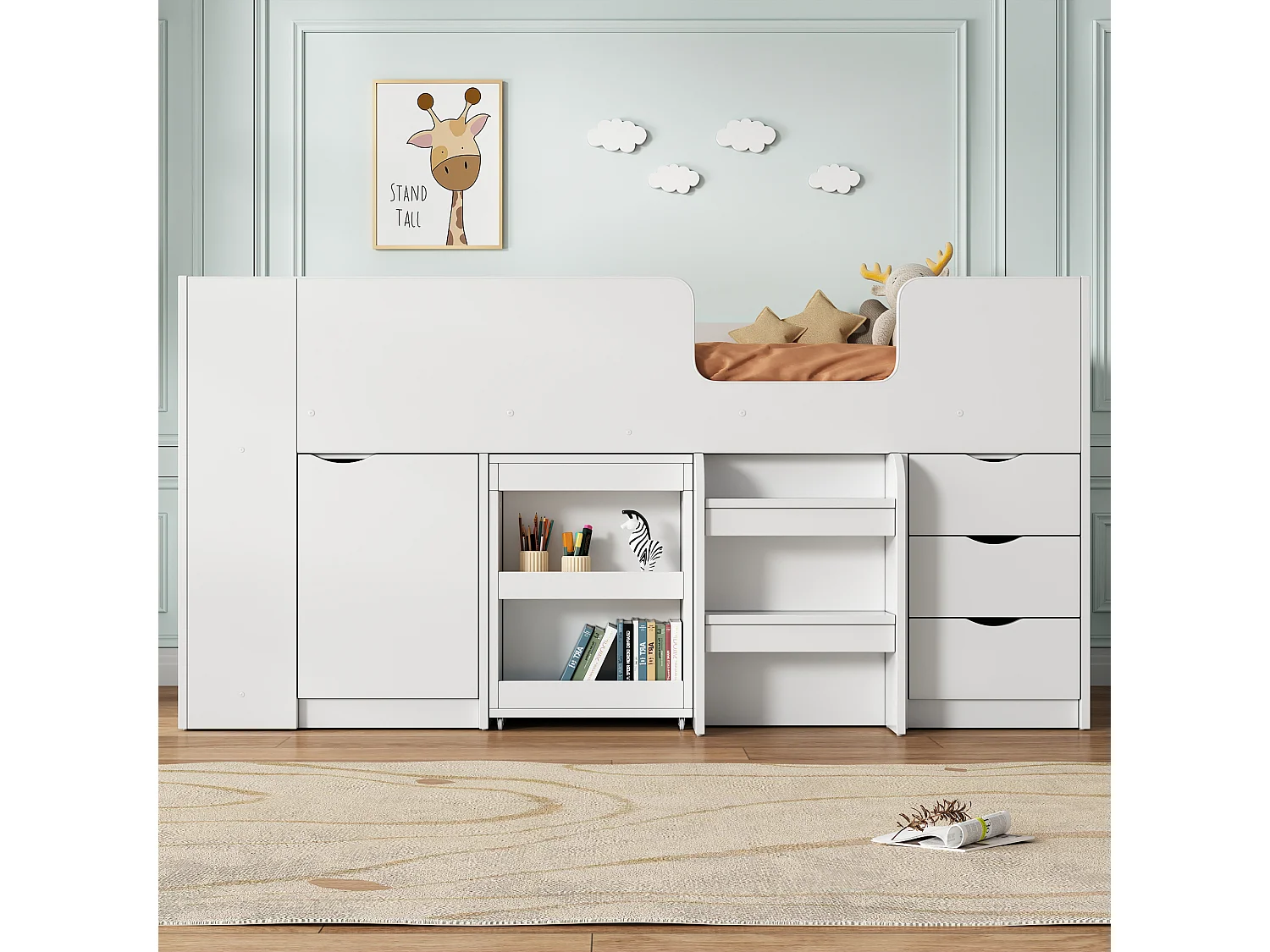 Łóżko antresola 90 x 200 cm z przesuwanym biurkiem, 3 szufladami i 1 drzwiami - drewno MDF - białe (bez materaca)