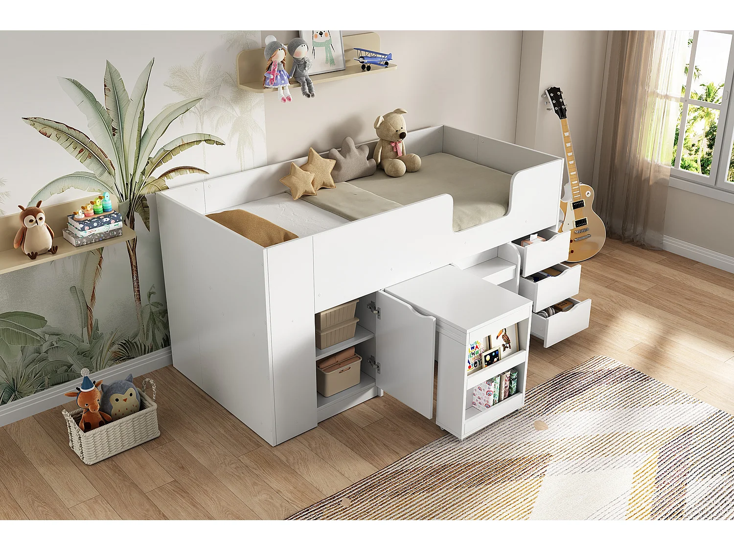 Łóżko antresola 90 x 200 cm z przesuwanym biurkiem, 3 szufladami i 1 drzwiami - drewno MDF - białe (bez materaca)